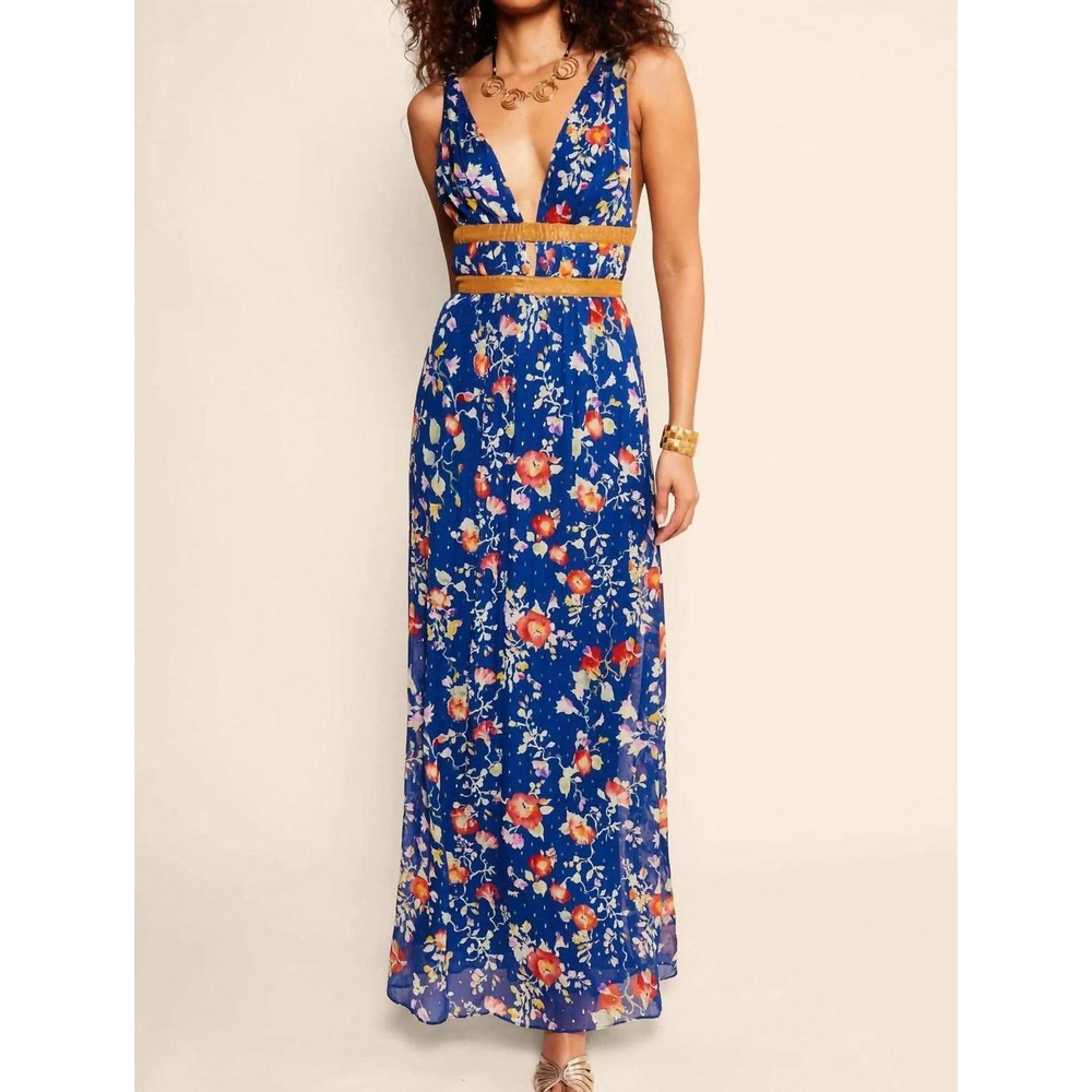 Rixo Charlotte Blue Floral Gold Fil Coupe Deep V-Neck Maxi Dress Size S US 6